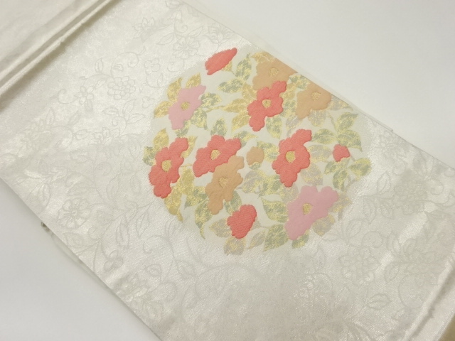 引箔椿模様織出し名古屋帯